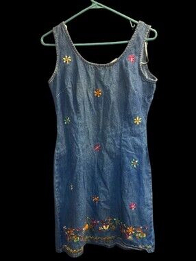 Vintage California Concepts Sz 7 Denim Floral Embroidered Tank Dress - Blue